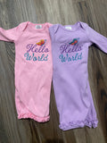 Hello World Embroidered Baby Gown